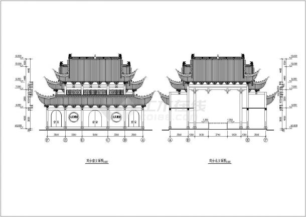 经典古建筑祠堂戏台设计平立面图纸