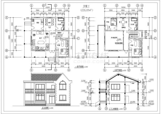 欧式西方元素坡顶二层别墅建筑设计cad平立面施工方案图(4套)-图二