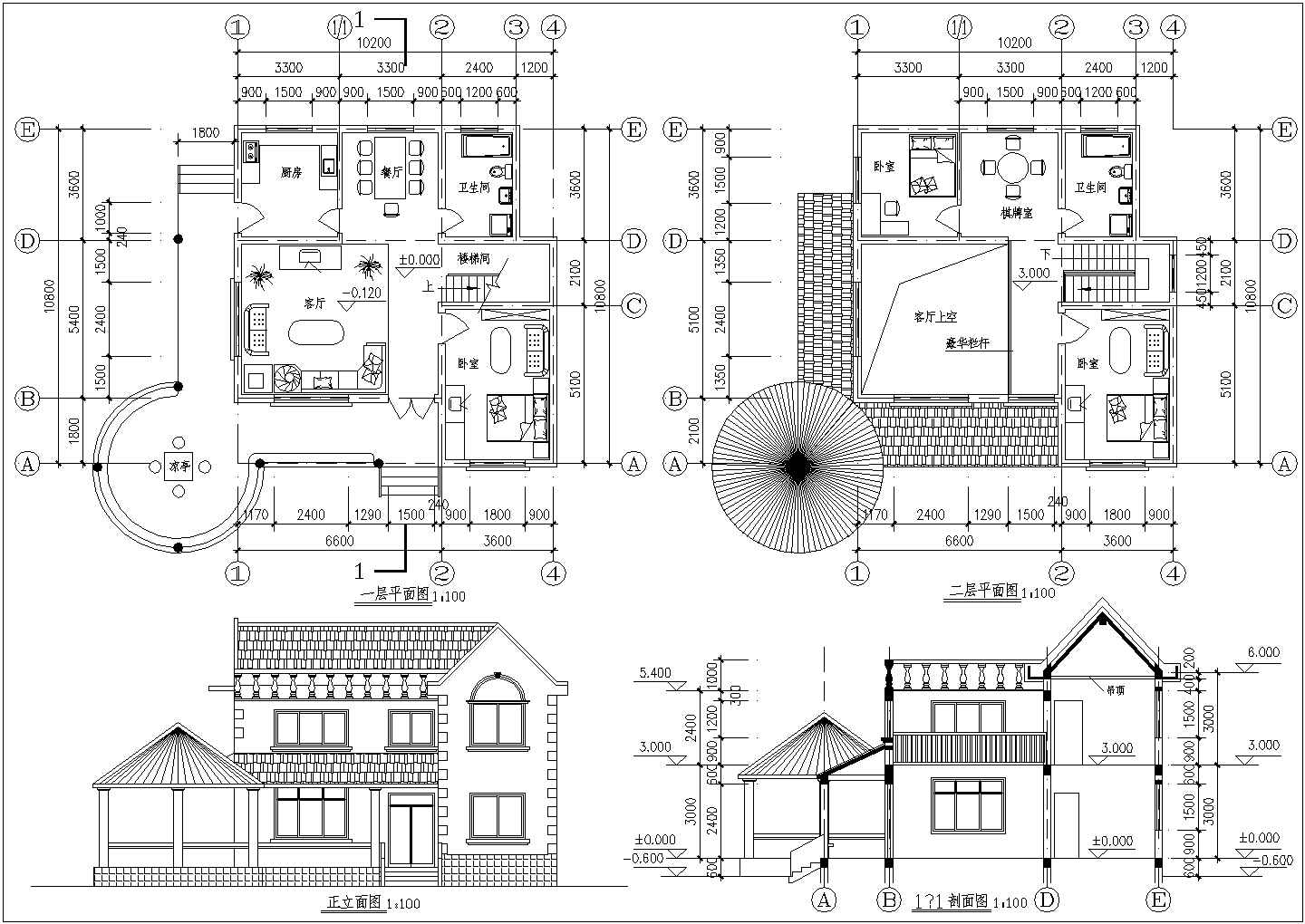 欧式西方元素坡顶二层别墅建筑设计cad平立面施工方案图(4套)