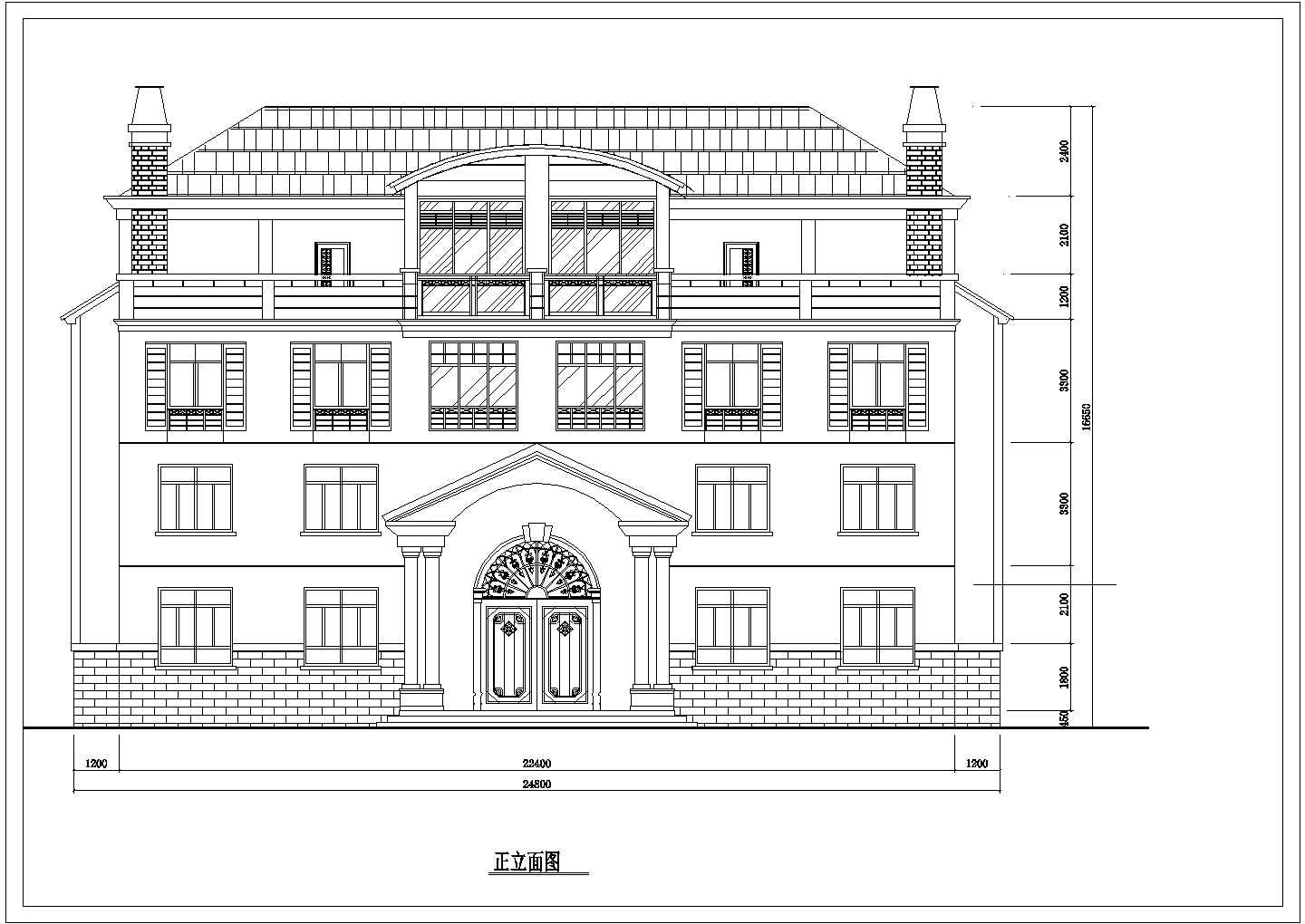 大型超豪华欧式坡屋面别墅建筑设计cad平立面方案图(坡屋面高度2.4m)