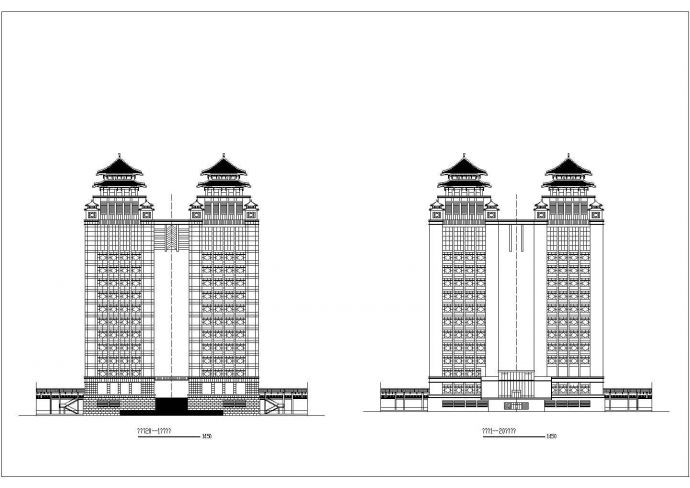 某仿古高层双子塔综合大楼建筑设计cad图_图1