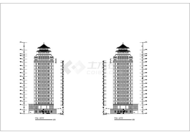 某仿古高层双子塔综合大楼建筑设计cad图-图二