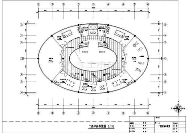 椭圆两层大型综合娱乐会所装饰装修设计施工cad平立面方案图-图二