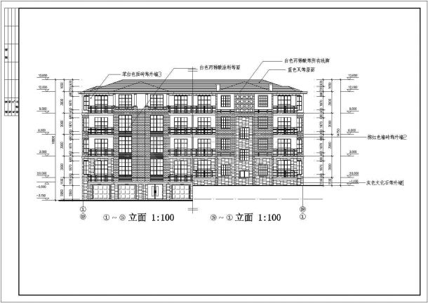 五层高级公寓红砖蓝瓦建筑设计施工cad平立面布置图纸-图一