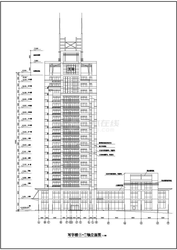 广州19层商务办公楼浅红褐色墙建筑设计施工cad平立面方案图纸-图一