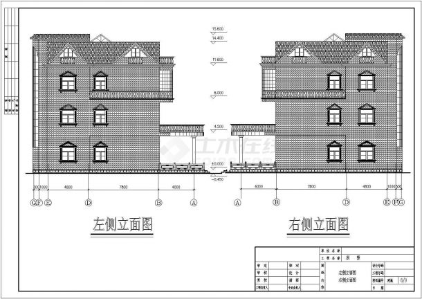 三层小别墅对称式户型建筑设计施工cad平立面方案图-图二