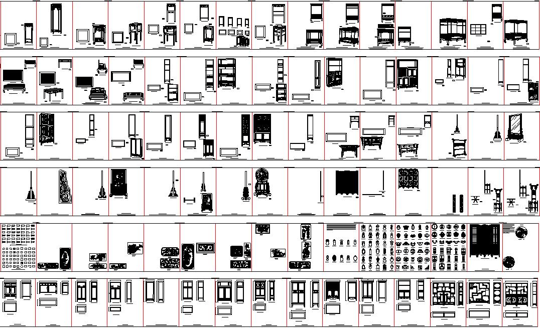 中式家具三视图 CAD图块合集 平面图块