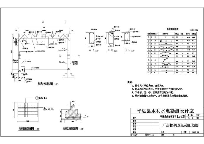 平远县热拓镇下山电站工程厂房框架及基础配筋图_图1