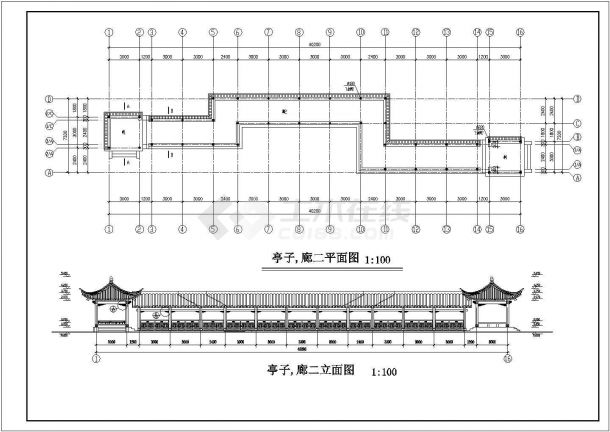 四川省中部某城市亭廊组合CAD施工图-图一