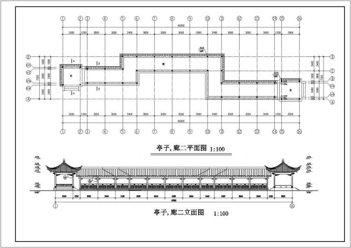 四川省中部某城市亭廊组合CAD施工图_图1