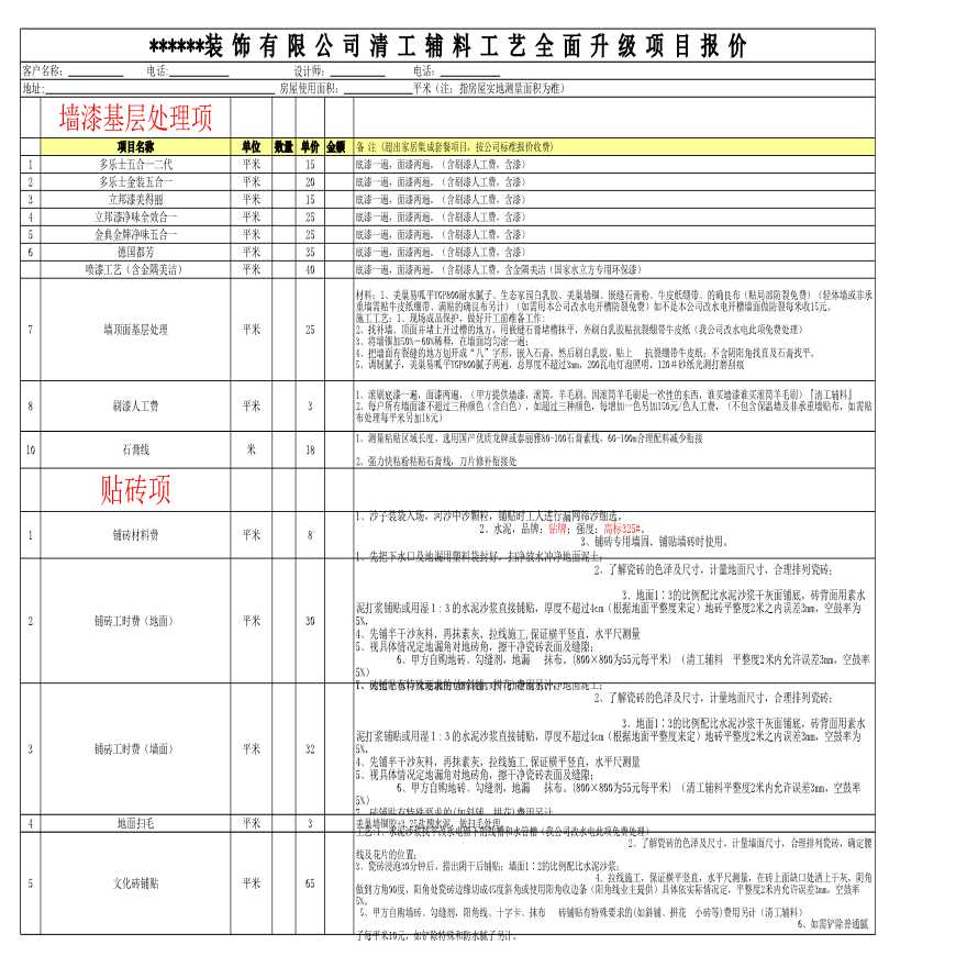 某地清工辅料施工报价表 2016年