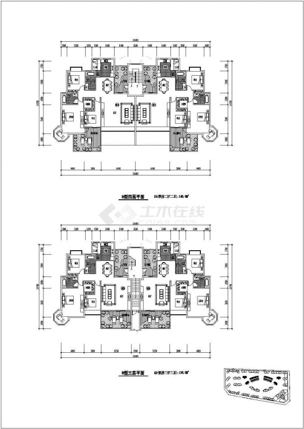 H型六层户型CAD四房二厅二卫平面图-图二