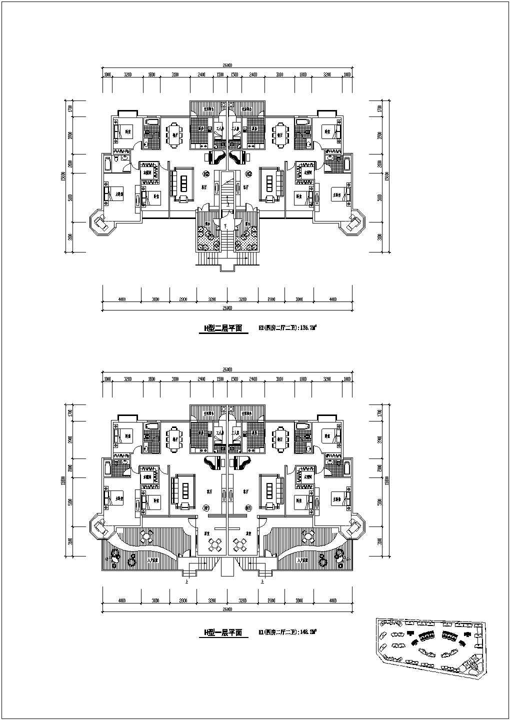 H型六层户型CAD四房二厅二卫平面图