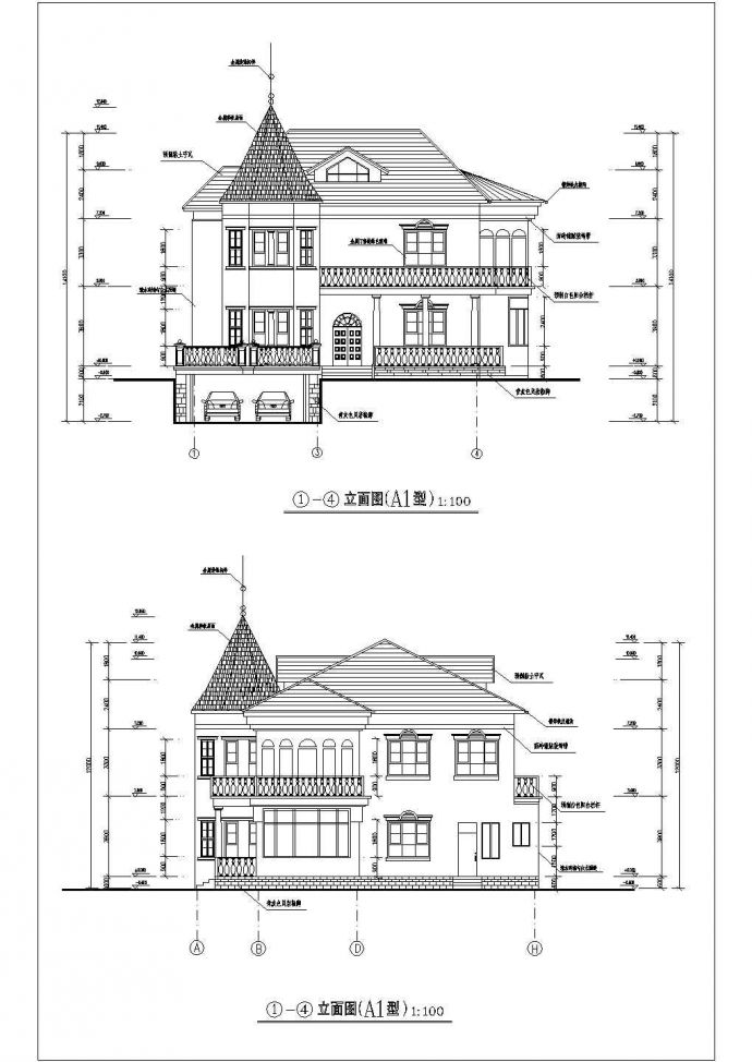 法式风格尖屋顶三层别墅详细建筑设计图_图1