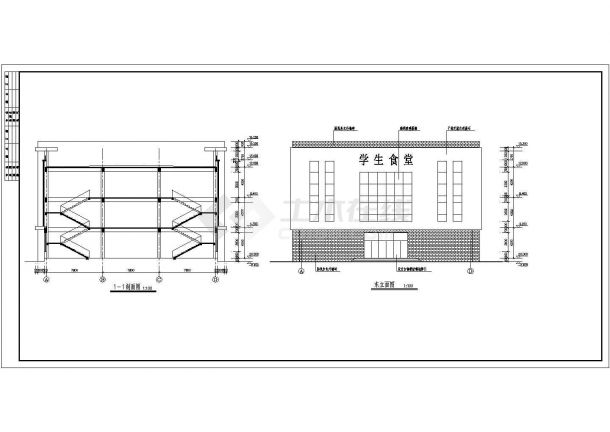 山东省某地区一高中三层食堂CAD建筑图-图二