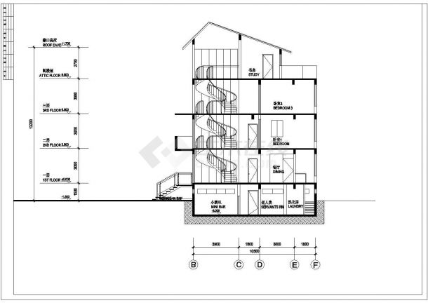 带旋转楼梯三层高档别墅建筑设计图-图一