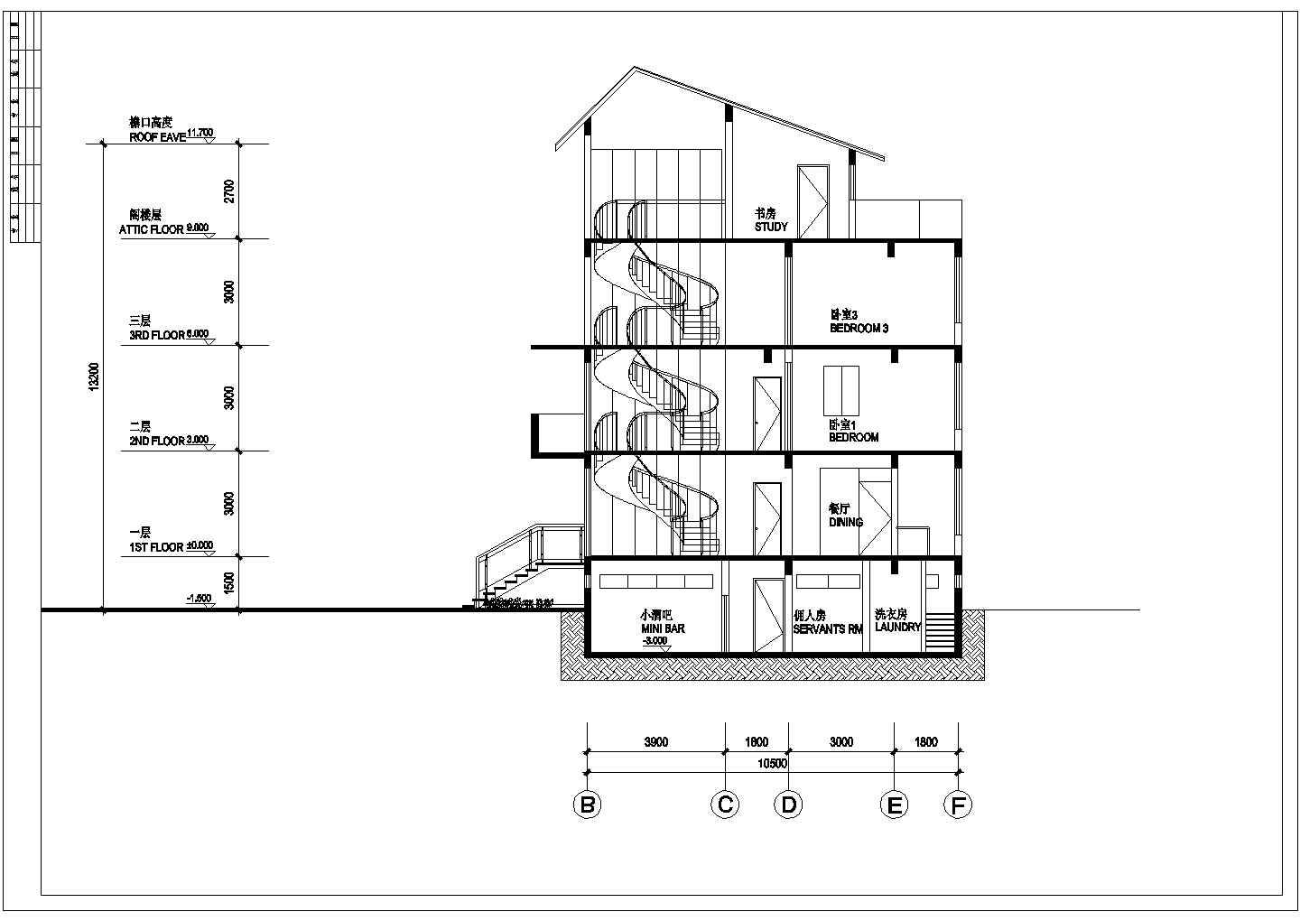 带旋转楼梯三层高档别墅建筑设计图