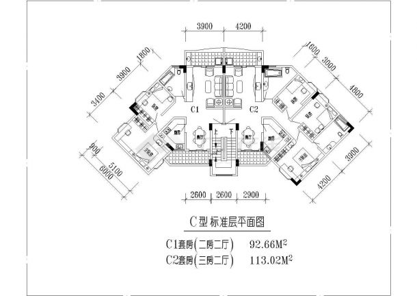 四川省某地区高层套型户型CAD平面图-图二