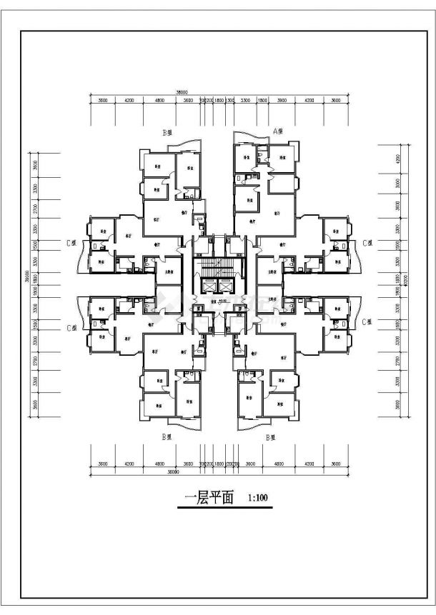 某二十六层住宅楼大厦户型建筑设计图,内容包括:一层平面,标准层平面