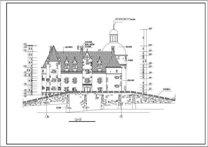 三层坡顶古堡建筑施工CAD图纸_图1