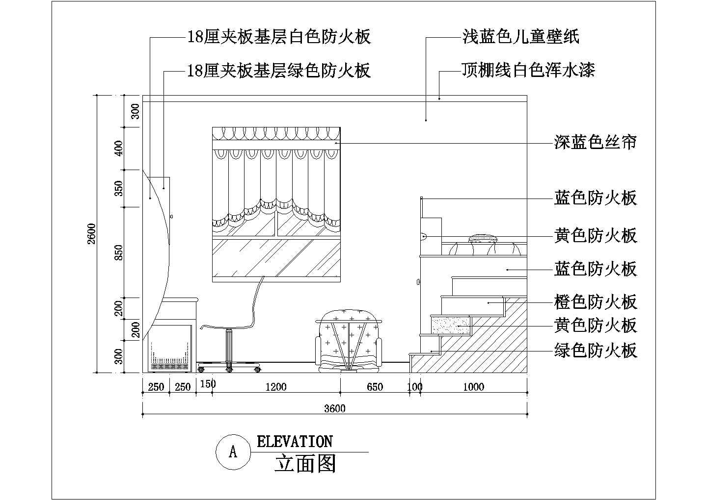 儿童房卧室室内cad装修立面施工图