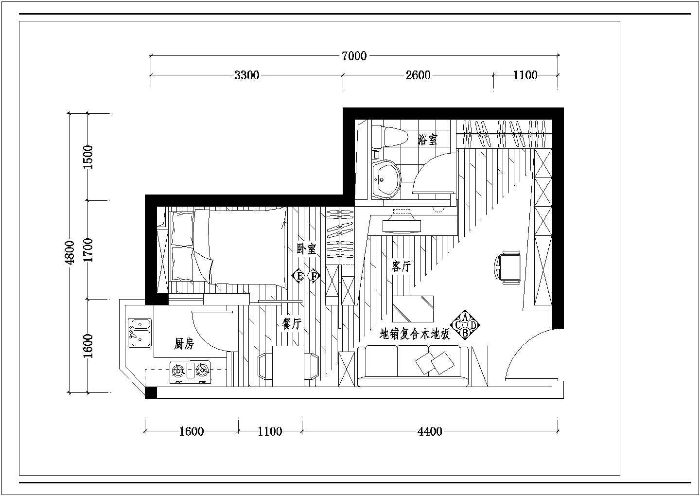 一室一厅住宅户型室内精装修cad平面施工布置图