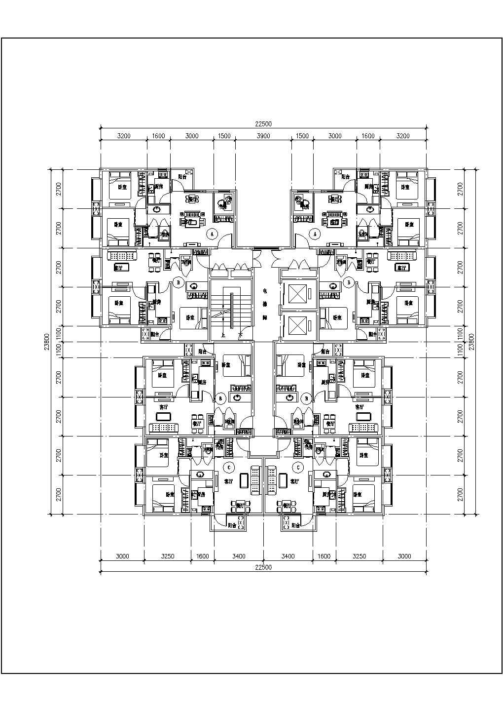 某地住宅楼一梯八户建筑户型cad施工设计图