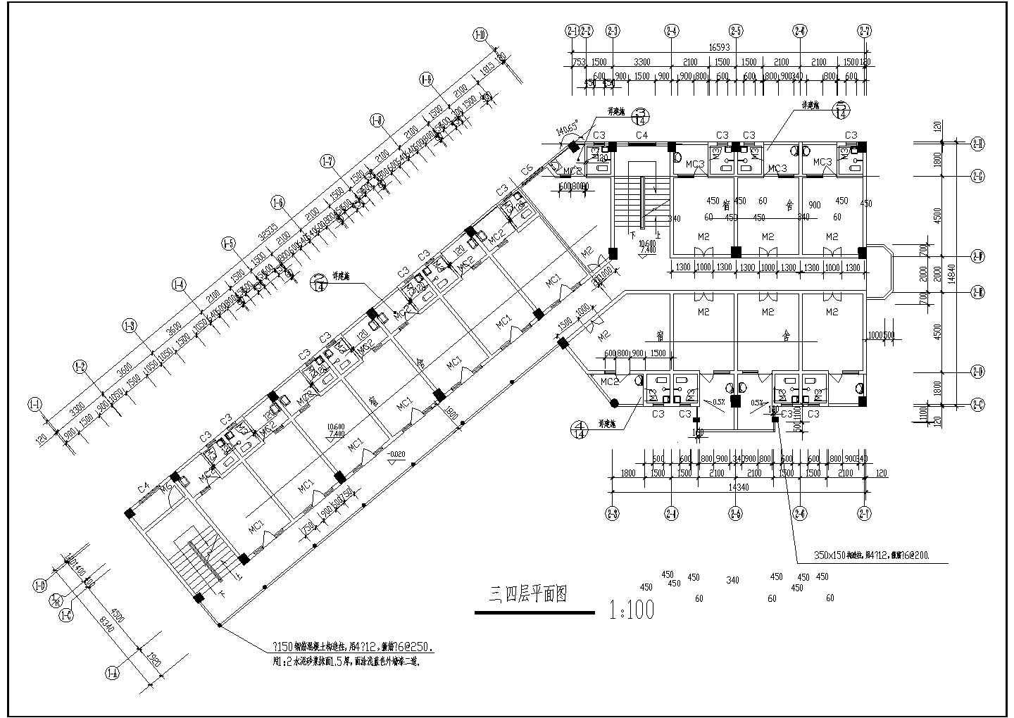 某地区全套四层宿舍楼建筑施工CAD设计图纸