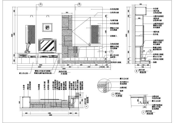 经典客厅电视墙装修cad平立剖面装修施工图-图二