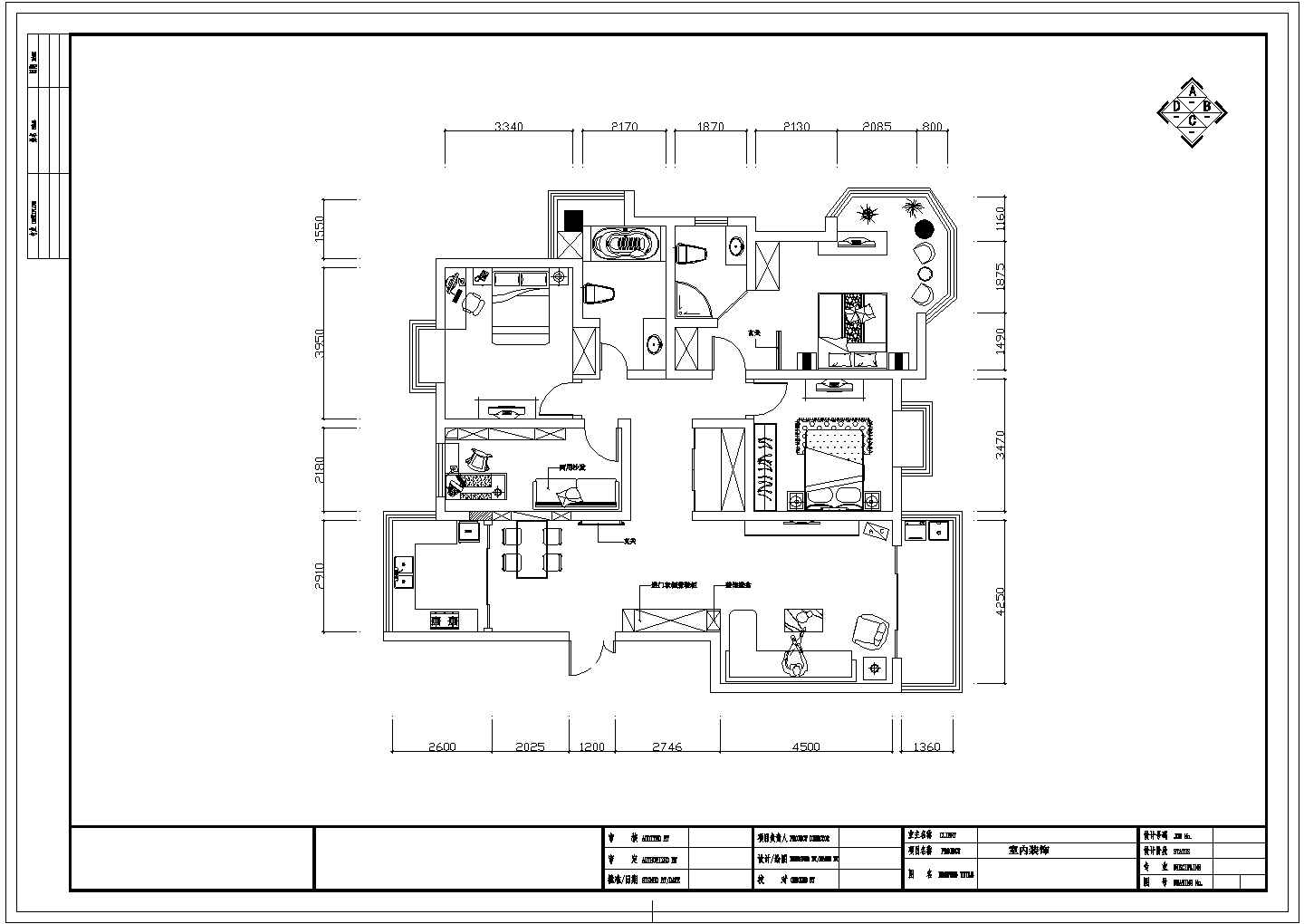 某三室住宅装修cad平面方案施工图