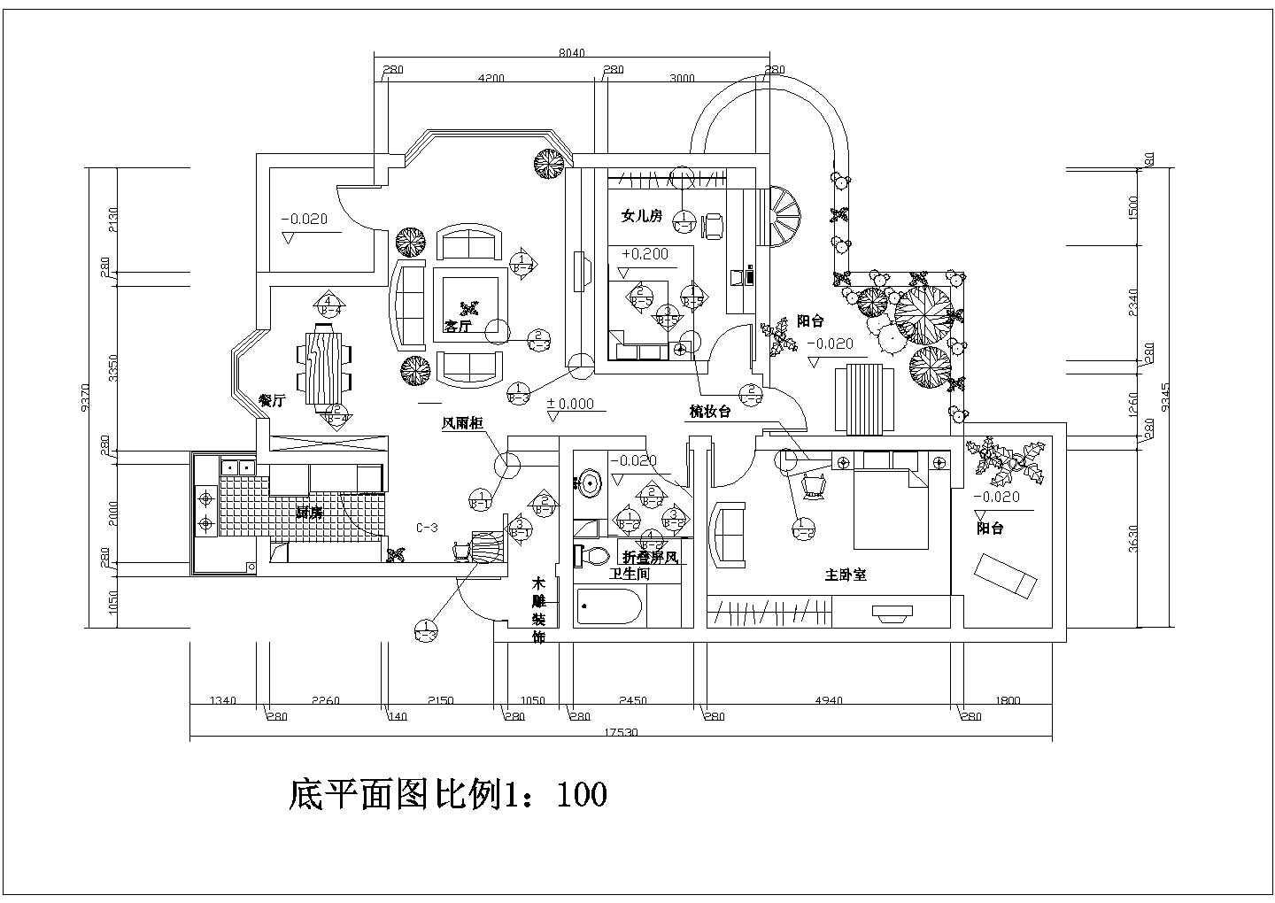 某地区大三居室内装修设计cad施工图