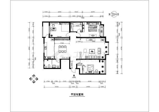 某3室两厅户型图整套CAD装修设计方案图纸-图二