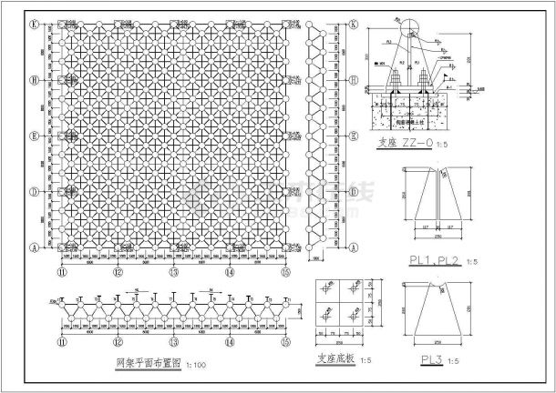 某地单层四角锥螺网架结构厂房结构施工图-图一