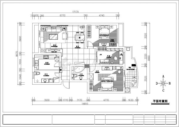 三室两厅两卫住宅室内装修cad施工设计图纸-图二