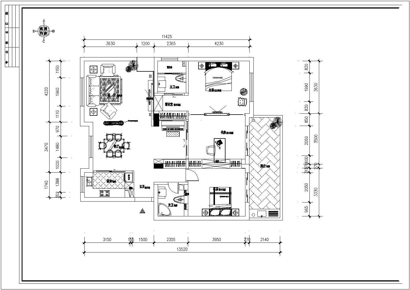 三室两厅两卫住宅室内设计装修cad施工图纸