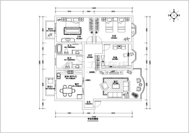 经典三室户型住宅cad装修施工设计图纸-图一