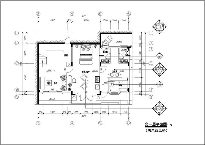 某法兰西风情别墅室内装修CAD施工图纸_图1