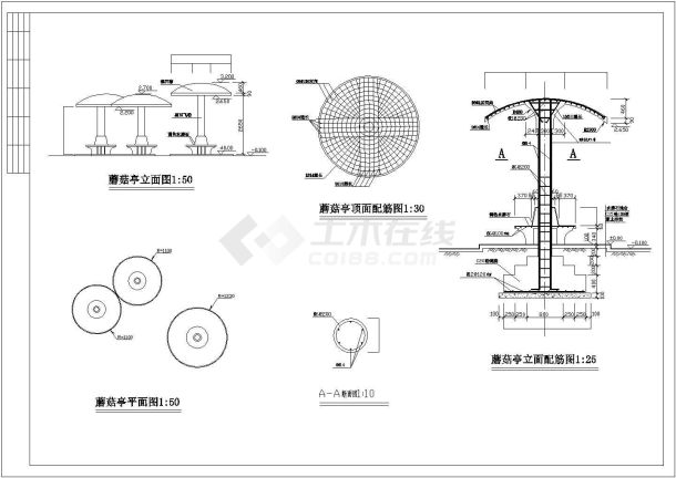 六种不同的园林景观亭的施工说明详图-图一