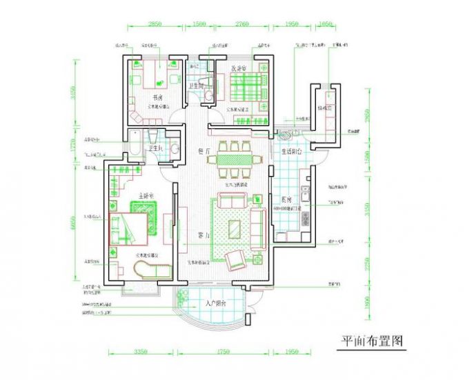 三房两厅户型装修全套CAD图_图1