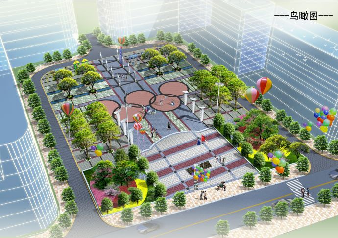 中心对称式广场硬化绿化总平面图及鸟瞰图_图1