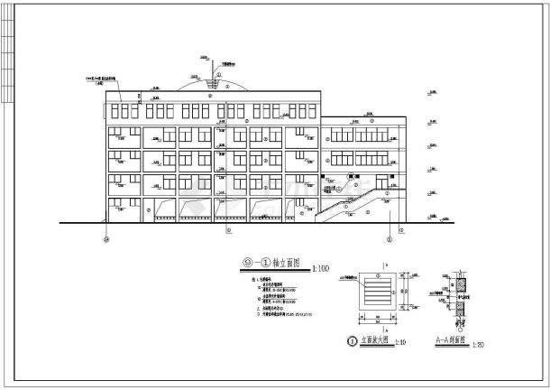 一本图纸为某地区某小学多功能教学楼建筑施工图,包括了平面图,立面图