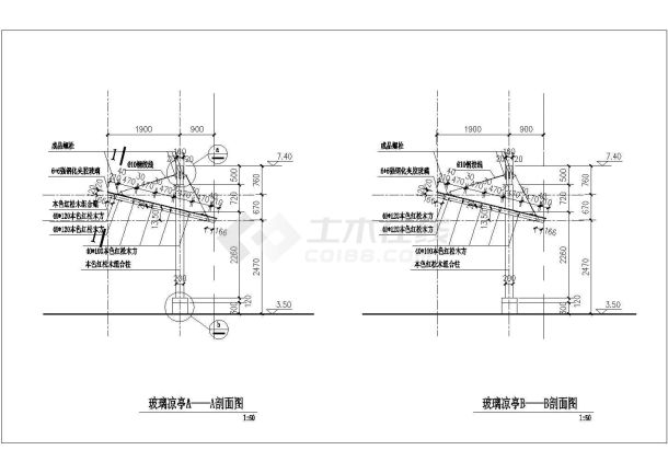 某地单木柱玻璃顶长廊的全套施工图-图二