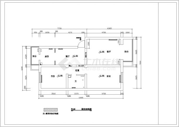 某地区某二房一厅户型家装建筑设计施工图-图二
