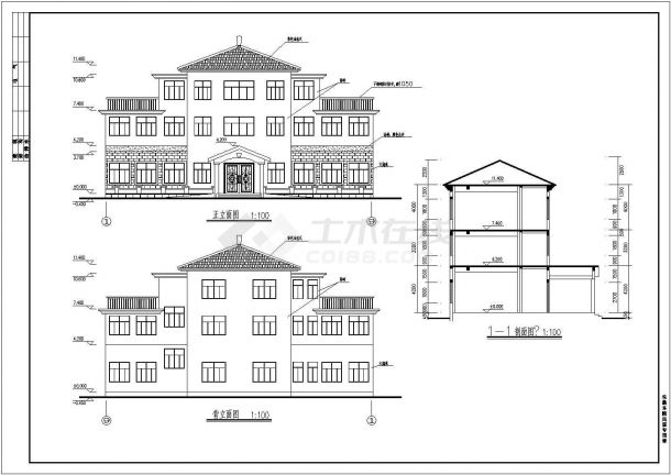 某地农村三层框架结构老年活动中心建筑施工图-图一