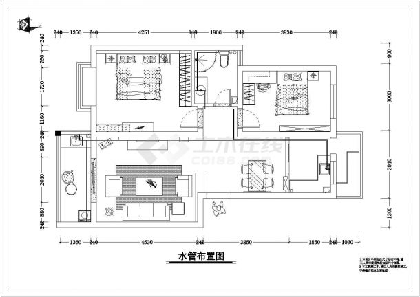 某地精装修样板房室内设计施工CAD图（两室）-图一