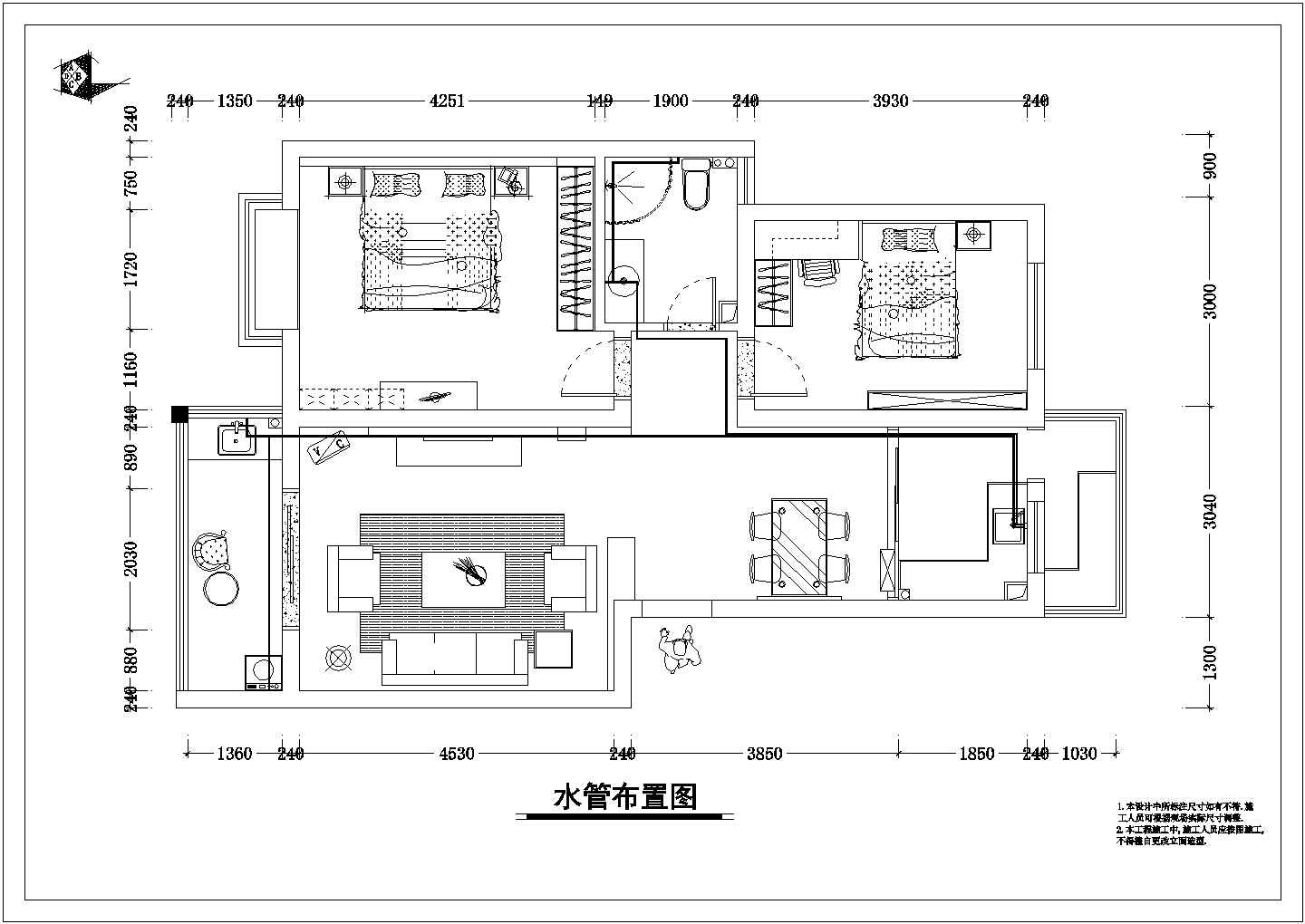 某地精装修样板房室内设计施工CAD图（两室）