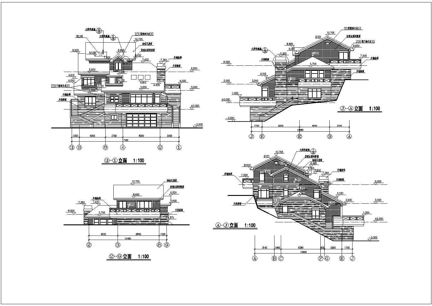 某地3层框架山地别墅建筑设计方案图