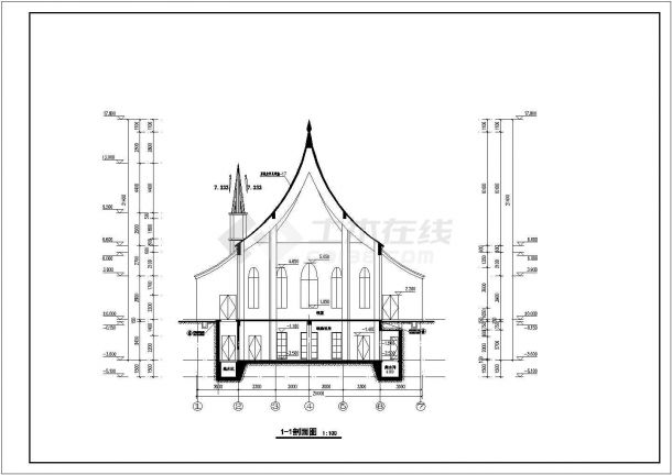 某地单层混凝土框架结构教堂建筑施工图纸-图一