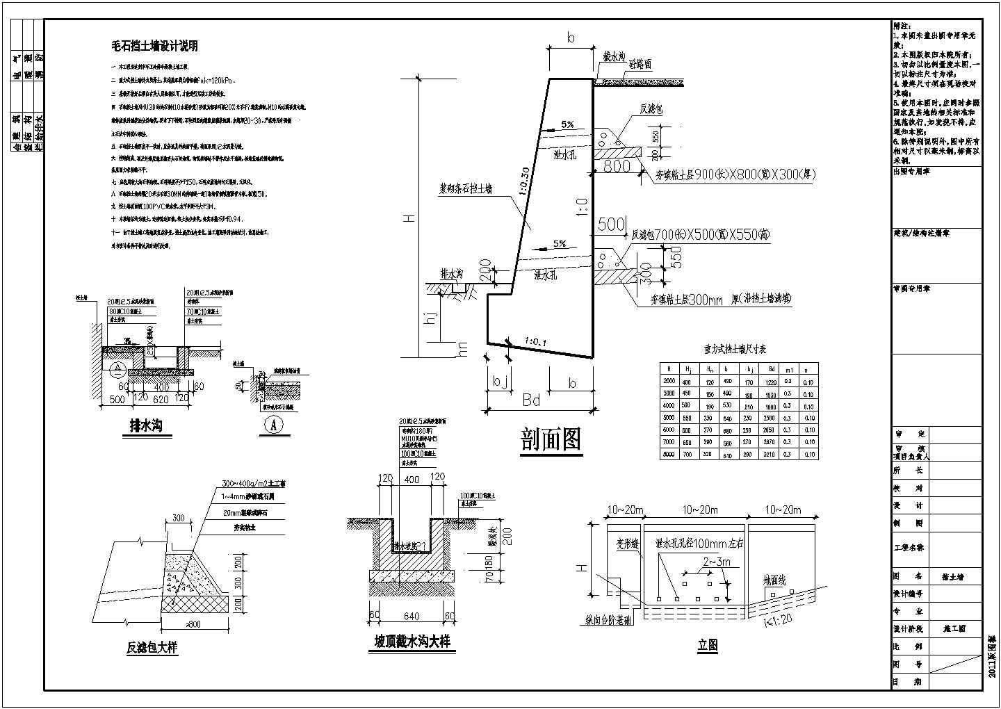 某地3~7米高重力式挡土墙施工图