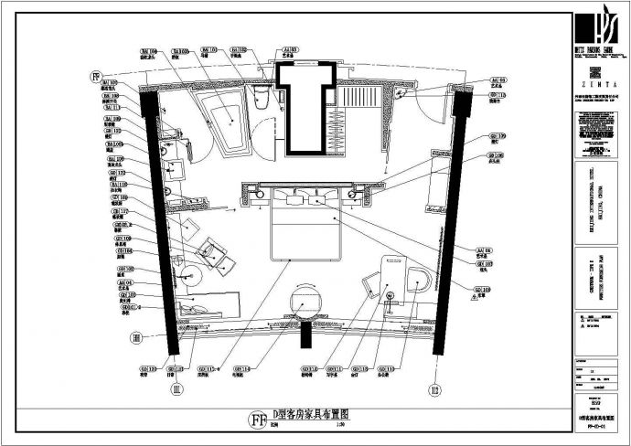 [北京]国际大酒店D型客房装修户型平面图纸_图1